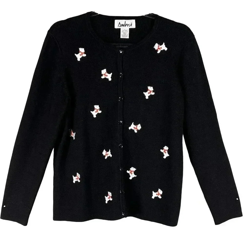Ambra Womens Large Black Christmas Scottie Dog Embroidered Cardigan Knit Sweater